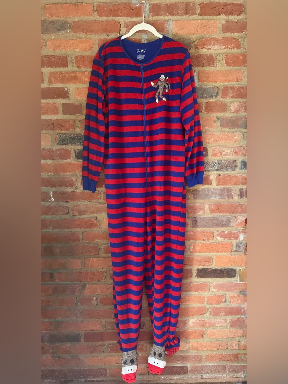 Nick & Nora Red and Blue Striped Unisex Onesie with Sock Monkey Detailings